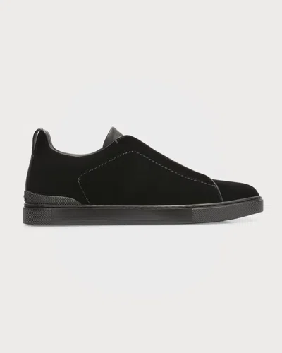Zegna Men's Triple Stitch Slip-on Velvet Low Top Sneakers In Black Solid