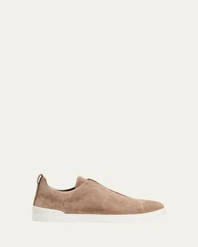 ZEGNA MEN'S TRIPLE STITCH SUEDE LOW TOP SLIP-ON SNEAKERS