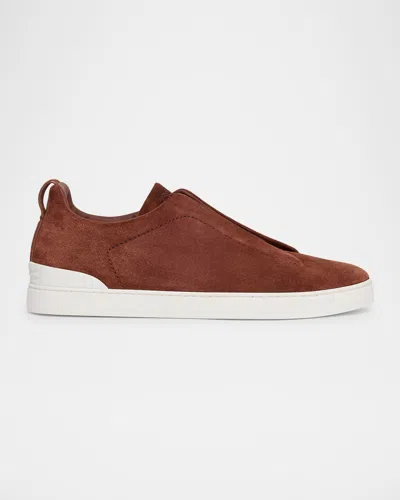 Zegna Triple Stitch Leather Low-top Sneakers In Brown