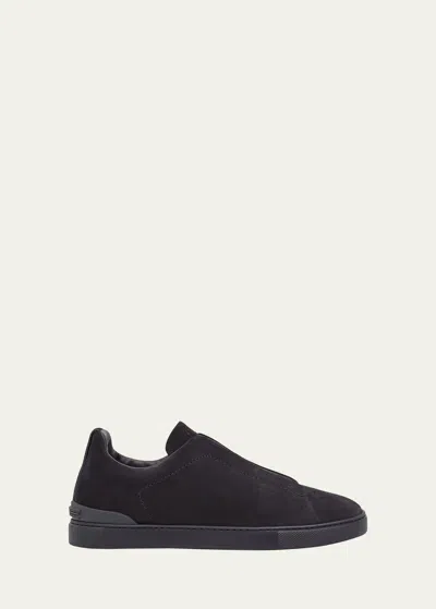Zegna Black Suede Triple Stitch Sneakers