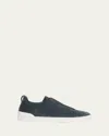 Zegna Men's Triple-stitch Suede Slip-on Low-top Sneakers In Blue