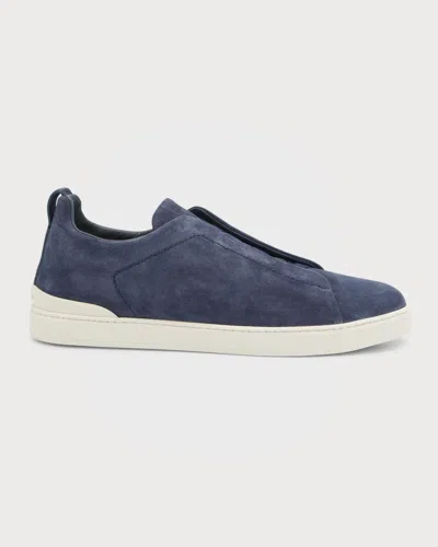 Zegna Baskets Triple Stitch En Veau Velours Bleu Workwear In Utility Blue