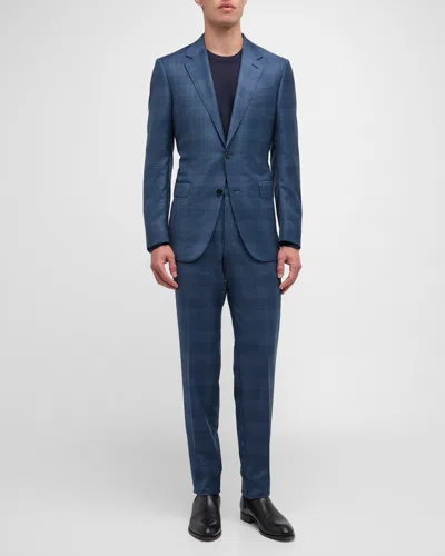 Zegna Men's Trofeo Melange Check Suit In Blue Navy Check