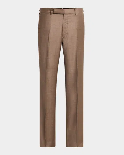 Zegna Men's Trofeo Sharkskin Flat-front Trousers In Md Brw Sld