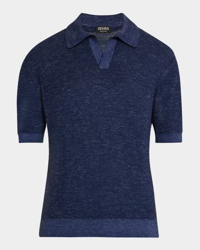 Zegna Ink Blue Mélange Silk Cashmere And Linen Polo Shirt