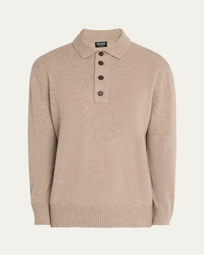 Zegna Men's Wool-cashmere Polo Sweater In Lt Bge Sld