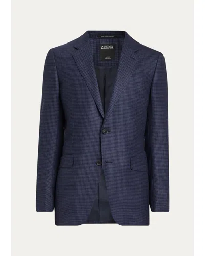 Zegna Men's Wool Micro-plaid Single-breasted Sport Coat In Blue Navy