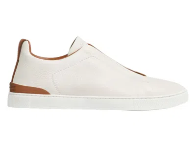 Pre-owned Zegna Men's  Deerskin Triple Stitch /brown Sneakers In Off White