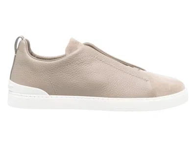 Pre-owned Zegna Men's  Deerskin Triple Stitch Sneakers In Beige