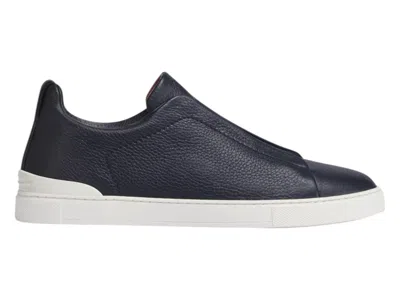 Pre-owned Zegna Men's  Deerskin Triple Stitch Sneakers In Navy Blue