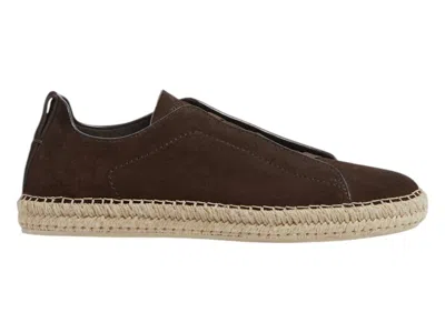 Pre-owned Zegna Men's  Suede Triple Stitch Espadrilles Sneakers In Dark Brown