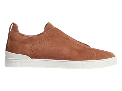 Pre-owned Zegna Men's  Suede Triple Stitch Sneakers In Tobacco
