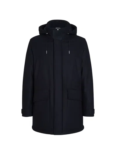 Zegna Merino-wool Hooded Jacket In Blue