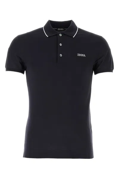 Zegna Midnight Blue Stretch Piquet Polo Shirt In Black