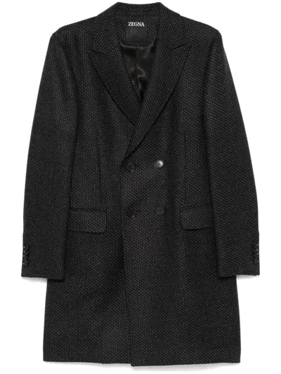 Zegna Mini-check Coat In Black