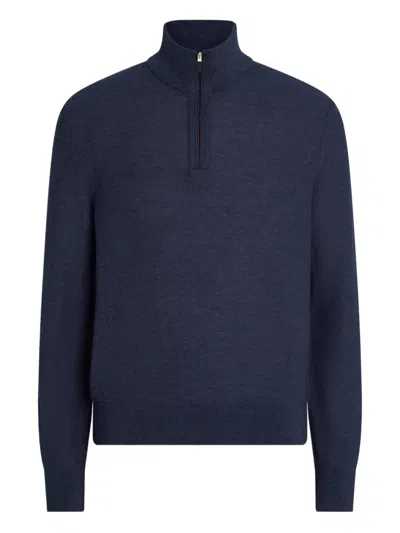 Zegna Cashseta Knit Polo With Ribbed Cuffs And Hem In Blue