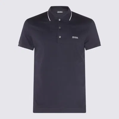 Zegna Navy Blue And White Cotton Polo Shirt
