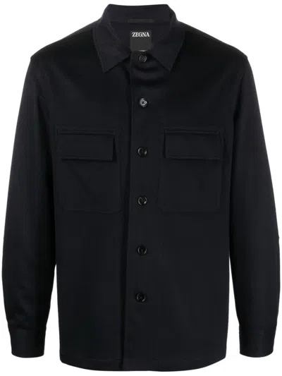 Zegna Navy Blue Cashmere Overshirt With Classic Collar And Flap Pockets In Black