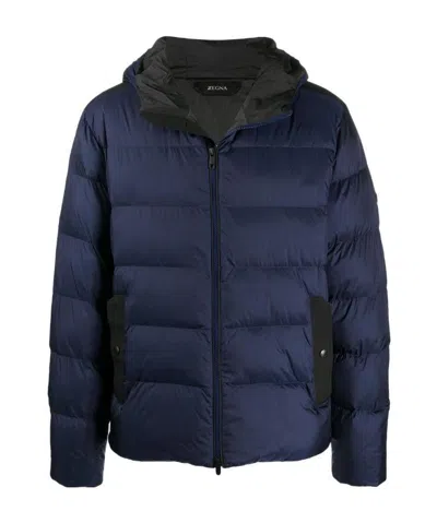 Zegna Navy Blue Hooded Quilted Cotton Suit In Black