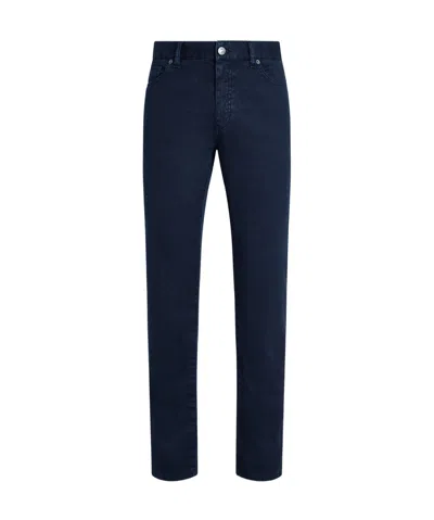 Zegna Navy Blue Stretch Linen And Cotton Roccia Jeans