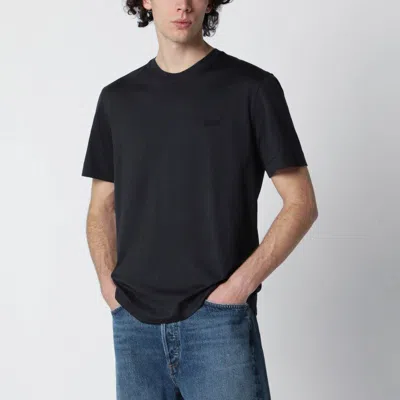 Zegna Navy Blue Tshirt With Embroidered Logo In Multi