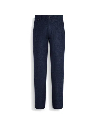 Zegna Navy Blue Wool And Cashmere Roccia Pants