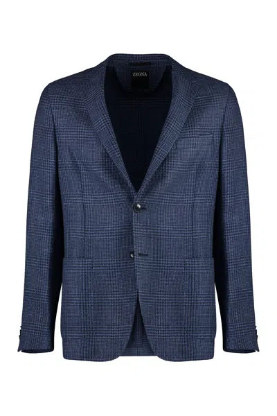Zegna Navy Prince Of Wales Check Blazer For Men In Blue