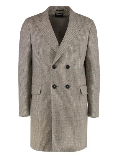 ZEGNA NOTCHED LAPELS WOOL DOUBLE BREASTED COAT