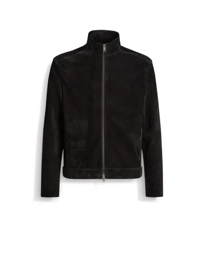 Zegna Zip Front Suede Blouson Jacket In Schwarz