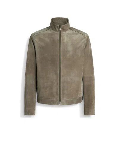 Zegna Zip Front Suede Blouson Jacket In Khaki