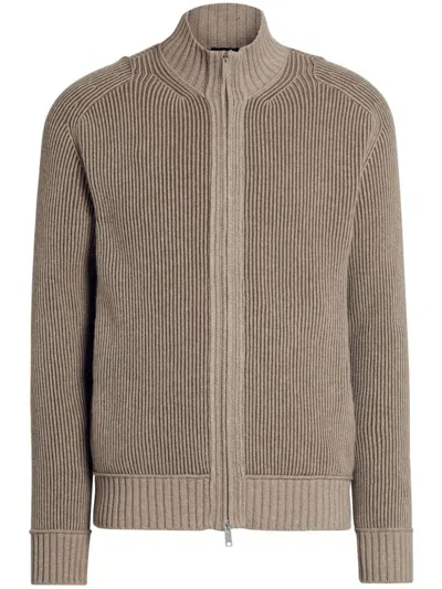 Zegna Light Taupe And Khaki Mélange Oasi Cashmere Full Zip Cardigan In Beige