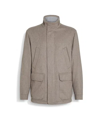 Zegna Oasi Cashmere Elements Car Coat In Light Taupe Multimélange