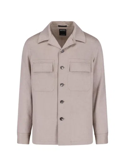 Zegna Oasi Cashmere Flap-pocket Shirt In Brown