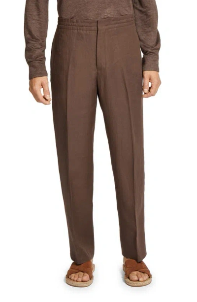 Zegna Oasi Linen Drawstring Trousers In Ferruggine