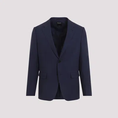 Zegna Oasi Single Breasted Linen Tailored Jacket In Blue