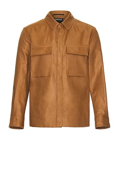 Zegna Oasi Lino Overshirt In Brown