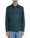 Zegna Overshirt Linen Concealed Placket In Dark Teal Blue