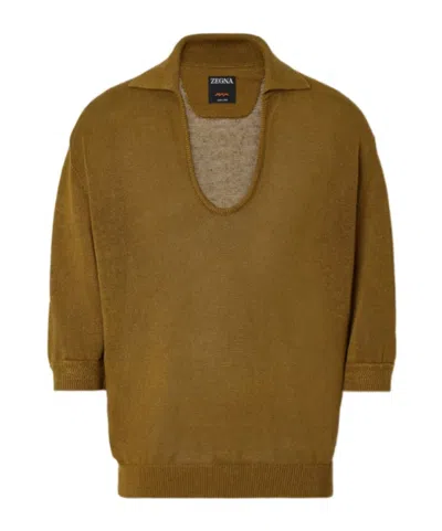 Zegna Oasi Lino Polo Shirt In Brown