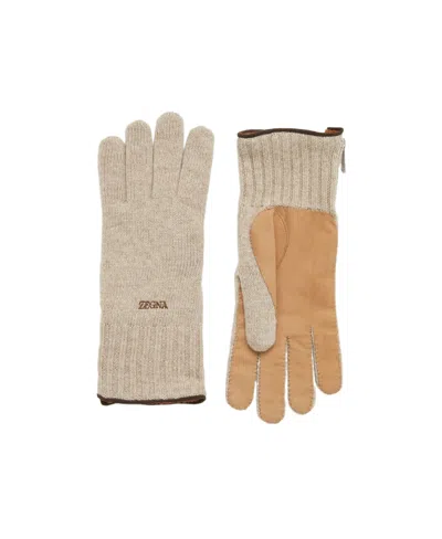 Zegna Oasi Logo Embroidered Knit Gloves In Brown