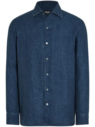 Zegna Chemise En Oasi Lino In Bleu Marine
