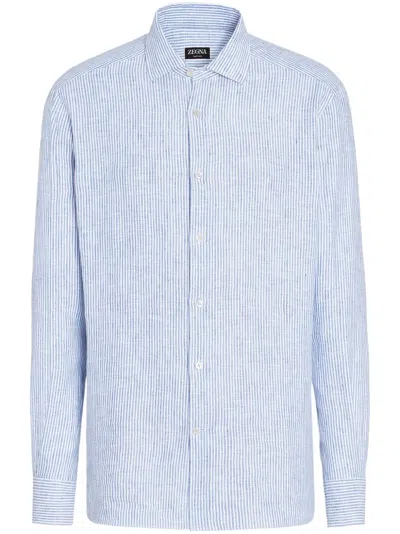 Zegna Stripe Oasi Linen Button-up Shirt In Blue