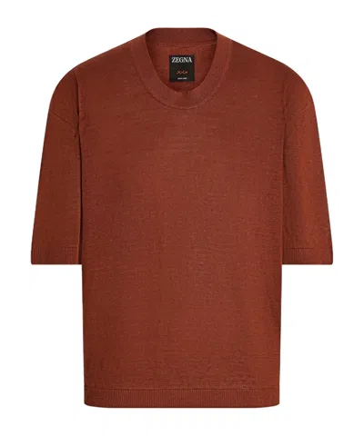 Zegna Brick Red Oasi Lino T-shirt In Brown