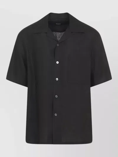Zegna Oasis Linen Camp Collar Short Sleeve Shirt In Black