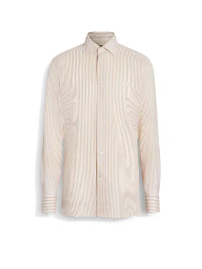 ZEGNA OCHRE AND WHITE STRIPED CENTOVENTIMILA COTTON AND LINEN SHIRT