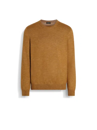 ZEGNA PULL RAS DU COU EN SOIE, CACHEMIRE ET LIN OCRE CHINÉ