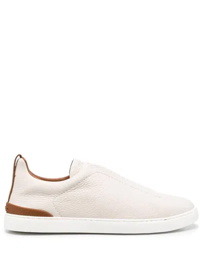 Zegna Off White Deerskin Triple Stitch Sneakers