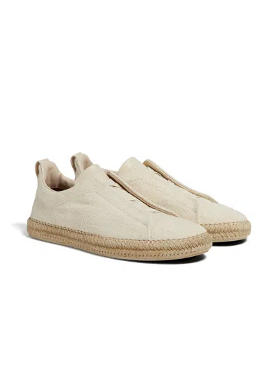 ZEGNA OFF WHITE LINEN AND LEATHER TRIPLE STITCH ESPADRILLES