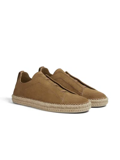Zegna Triple Stitch Espadrilles En Veau Velours Vert Olive In Olive Green