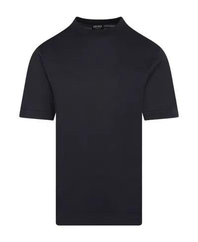Zegna Open-necked Black Shirt In Blue