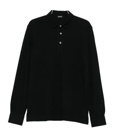 Zegna Optical White Cotton Piquet Polo Shirt In Black